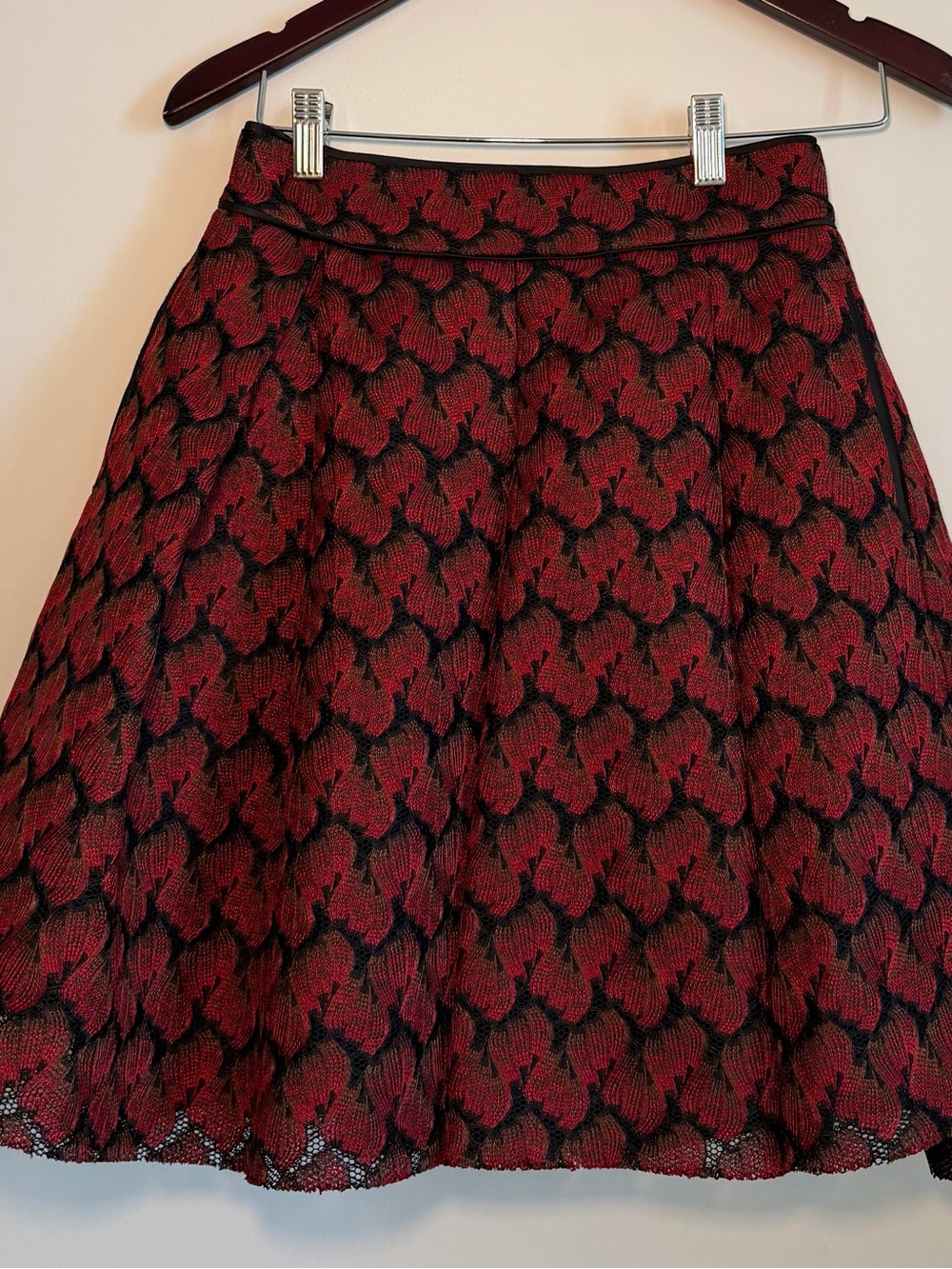Maje Red and Black Jacquard Midi Skirt